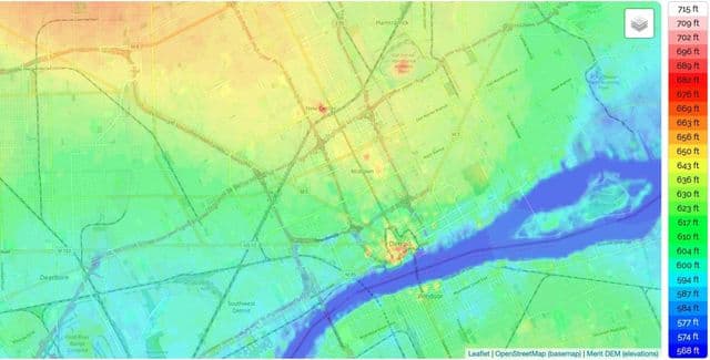 Mapa de elevação de Detroit