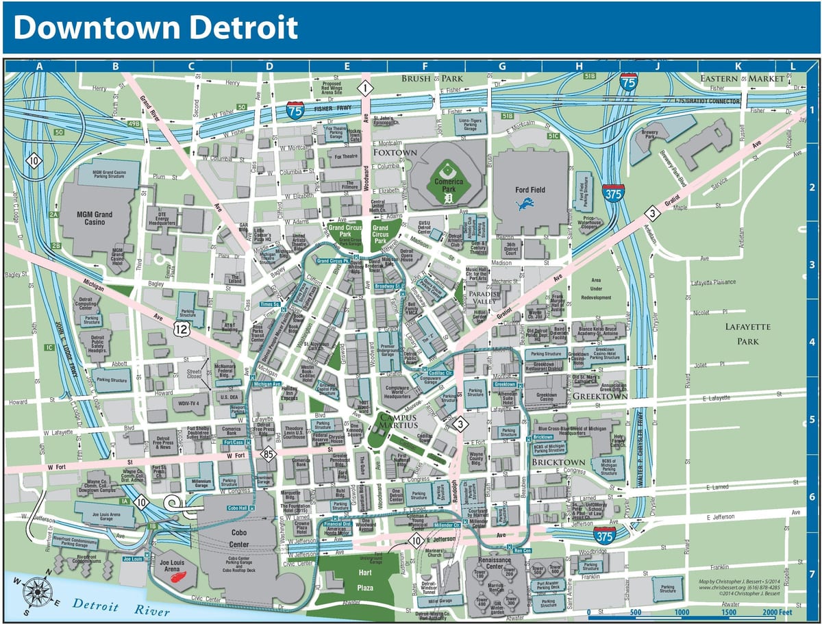 Mapa do centro da cidade de Detroit