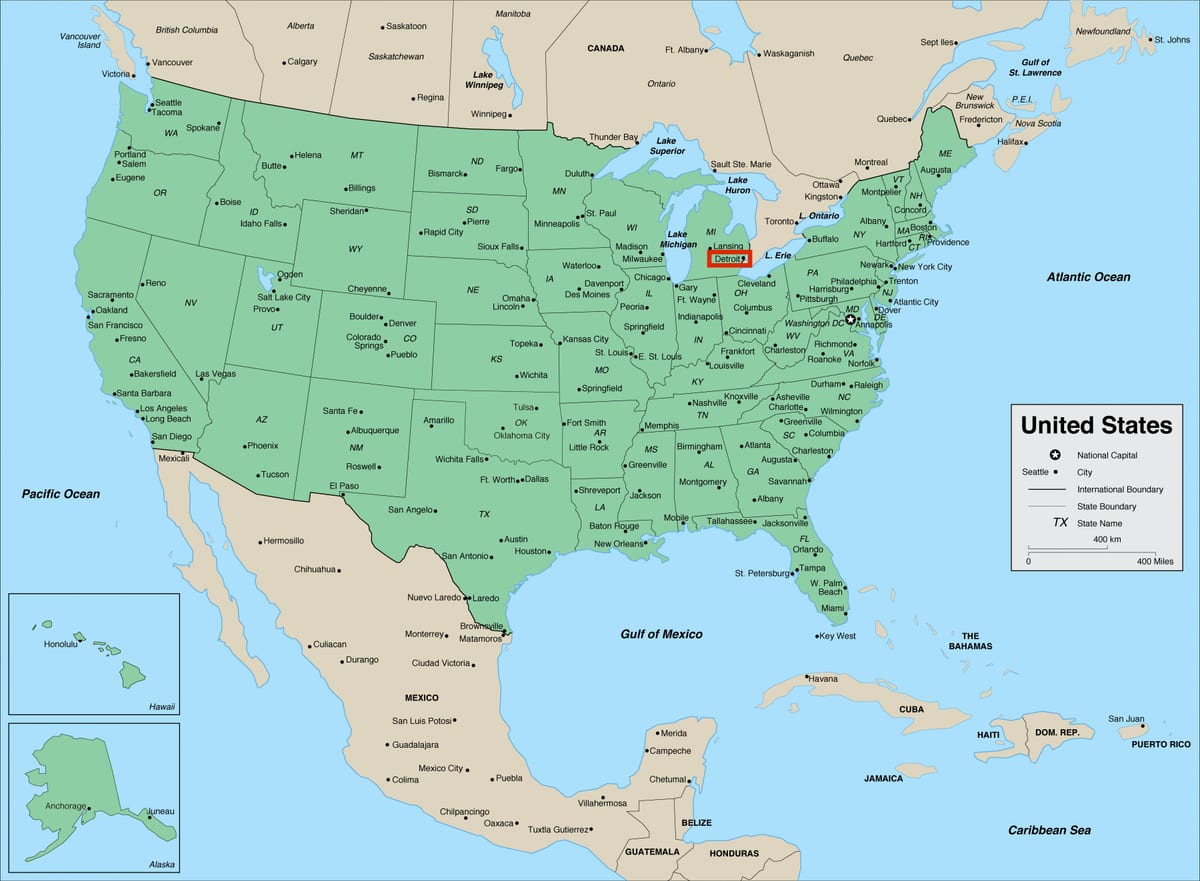 Detroit no mapa de Michigan - EUA